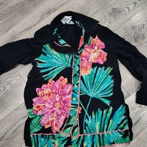 Diane Gilman Black Blouse with Pink and Green Details